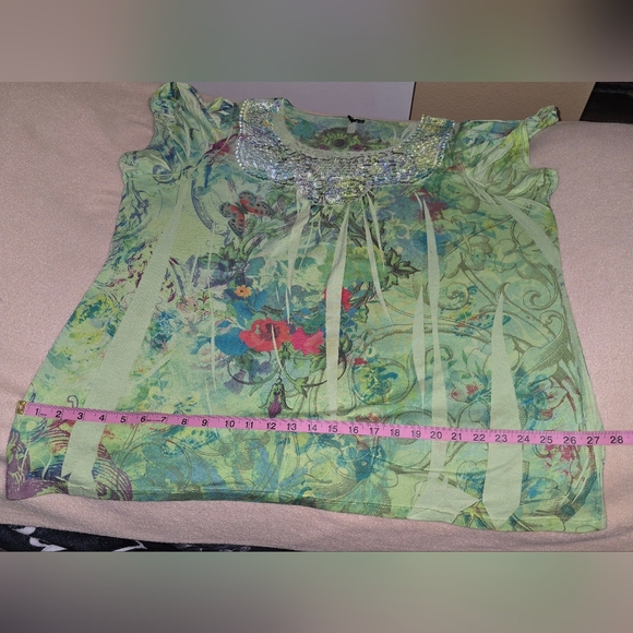 (D) Olivia Page Floral Lace Trim Top - Green - Picture 5 of 8